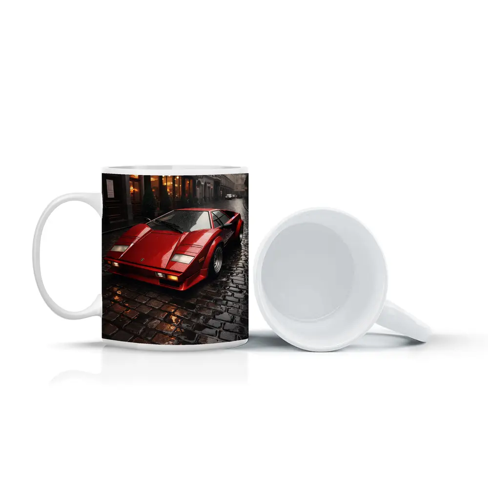 Red Lamborghini Countach Wet Cobblestone Street – Mugs