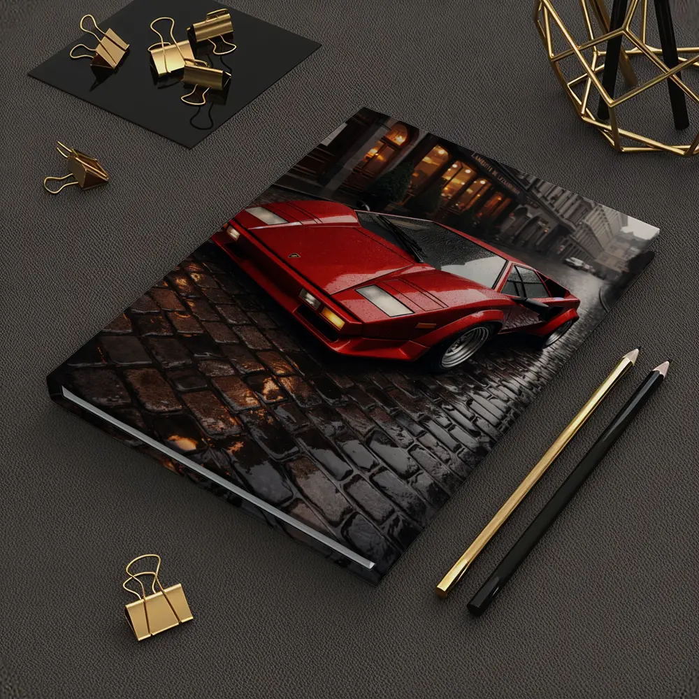 Red Lamborghini Countach Wet Cobblestone Street – Notebooks