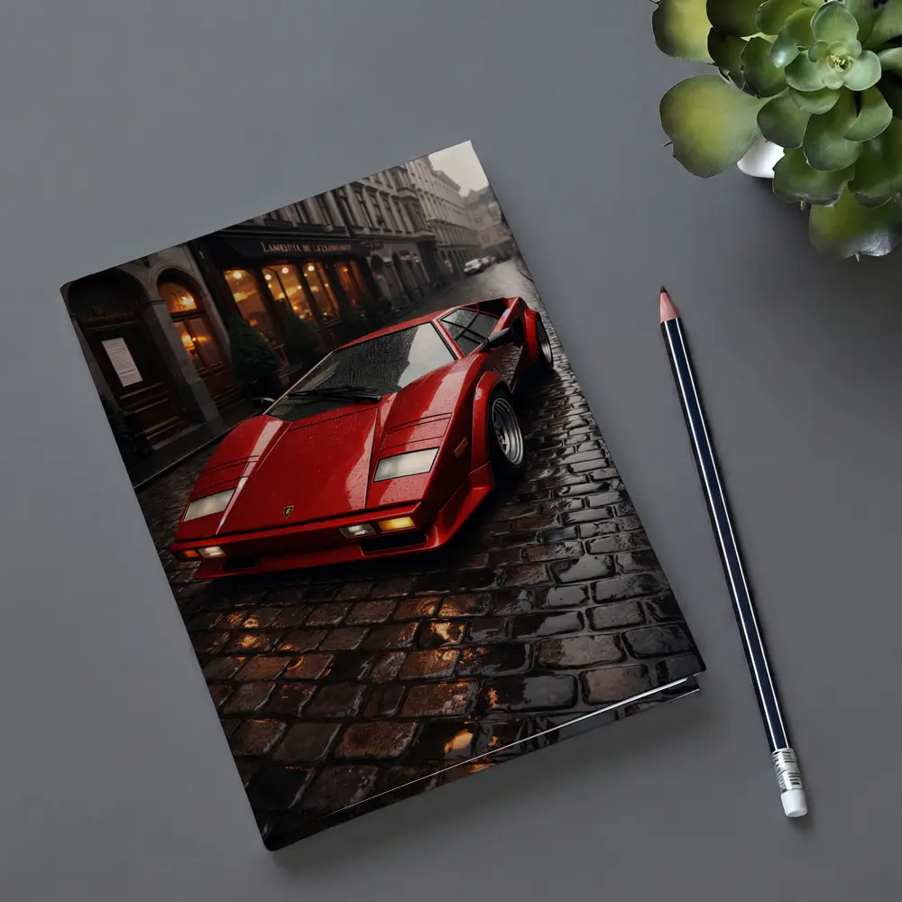 Red Lamborghini Countach Wet Cobblestone Street – Notebooks