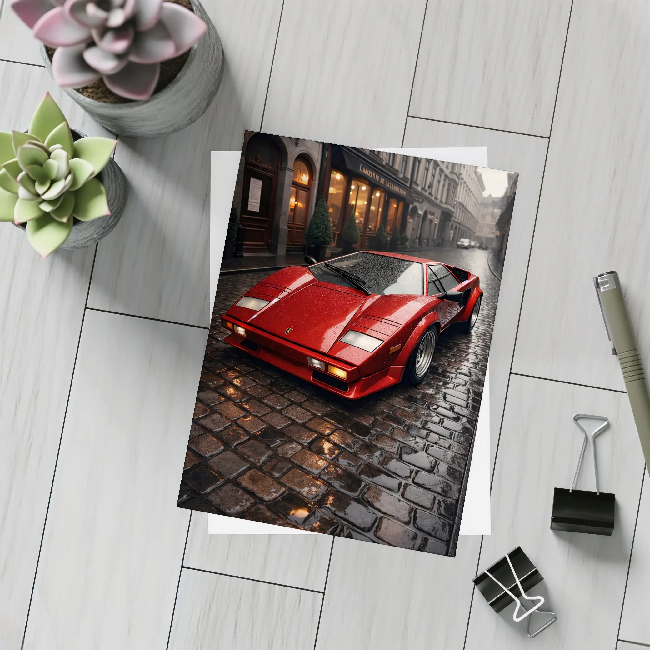 Red Lamborghini Countach Wet Cobblestone Street – Postcards