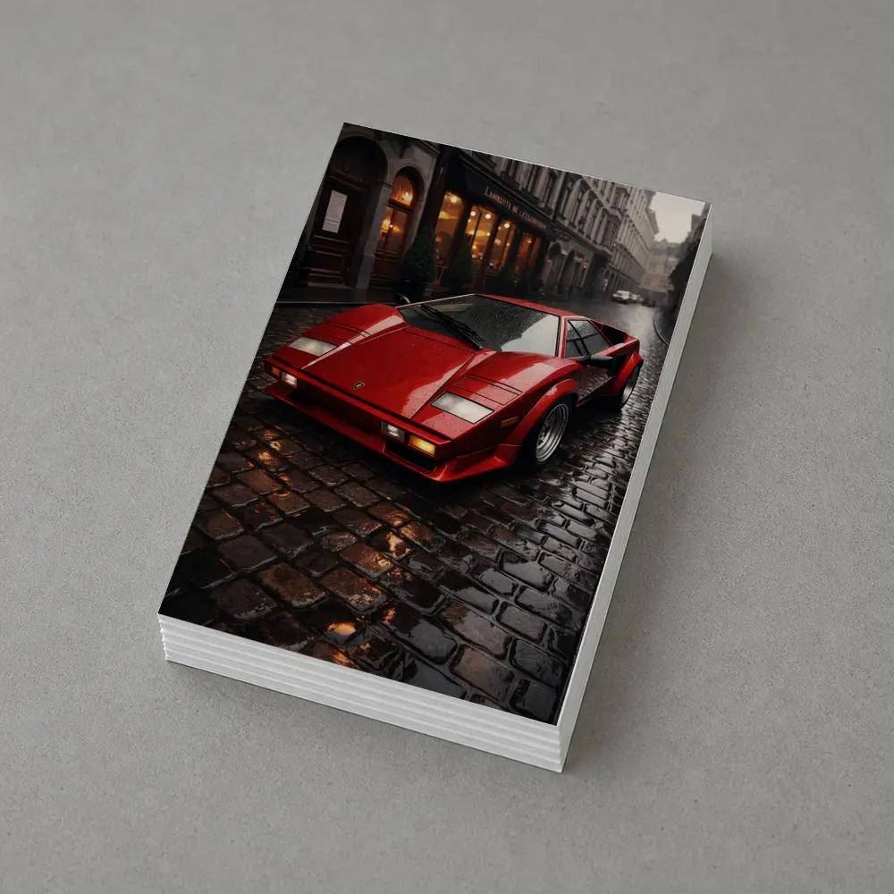 Red Lamborghini Countach Wet Cobblestone Street – Postcards