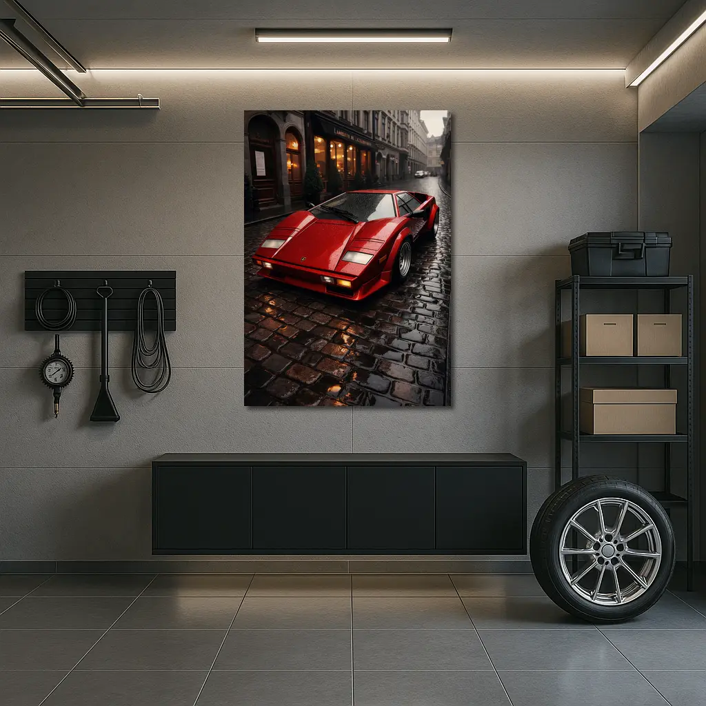 Red Lamborghini Countach Wet Cobblestone Street – Wall Art