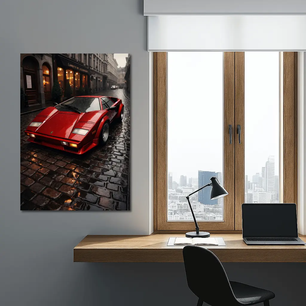 Red Lamborghini Countach Wet Cobblestone Street – Wall Art
