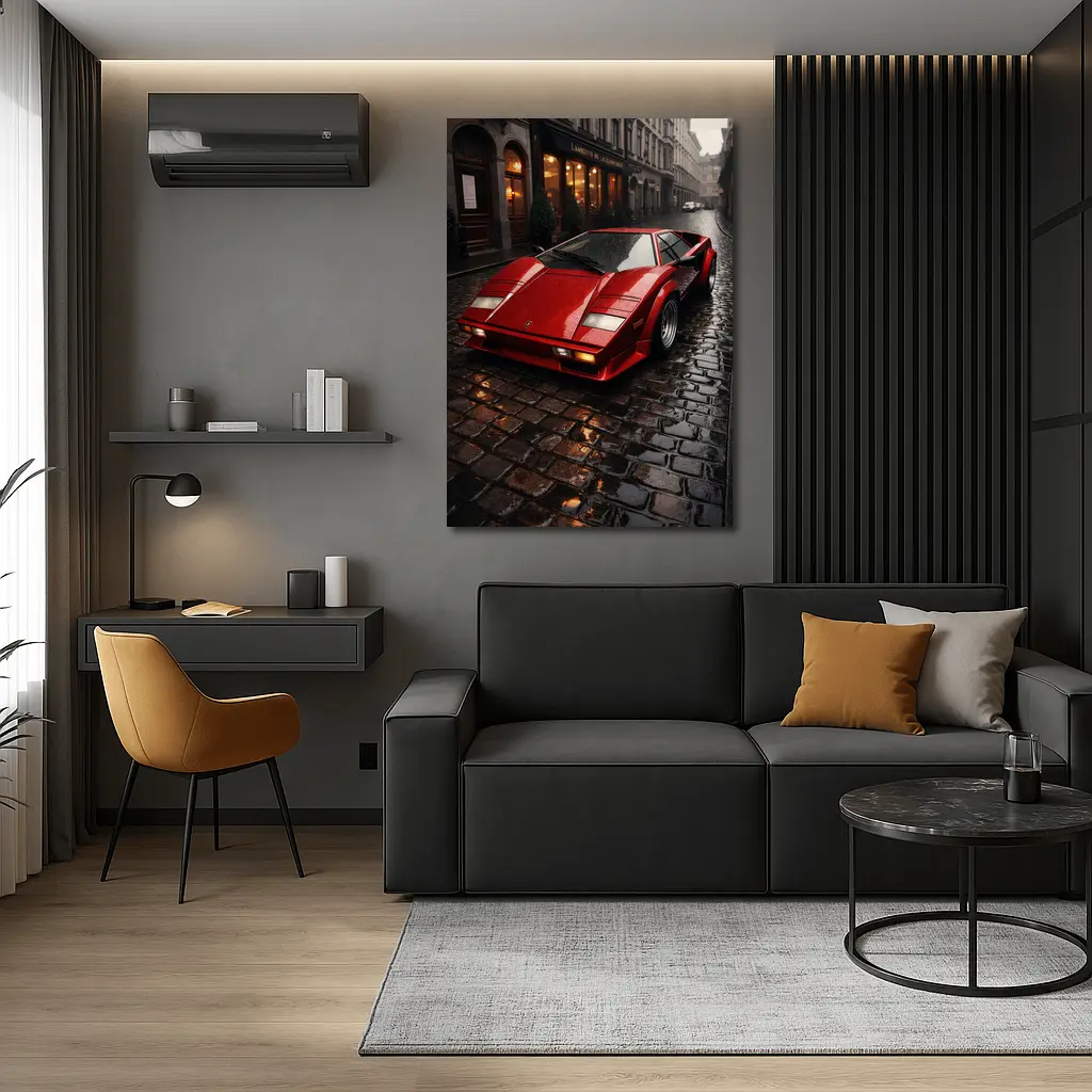 Red Lamborghini Countach Wet Cobblestone Street – Wall Art