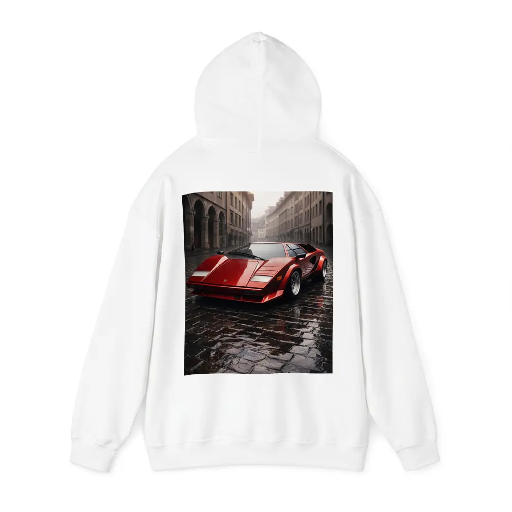 Red Lamborghini Countach On Rainy Cobblestone Street – Hoodies