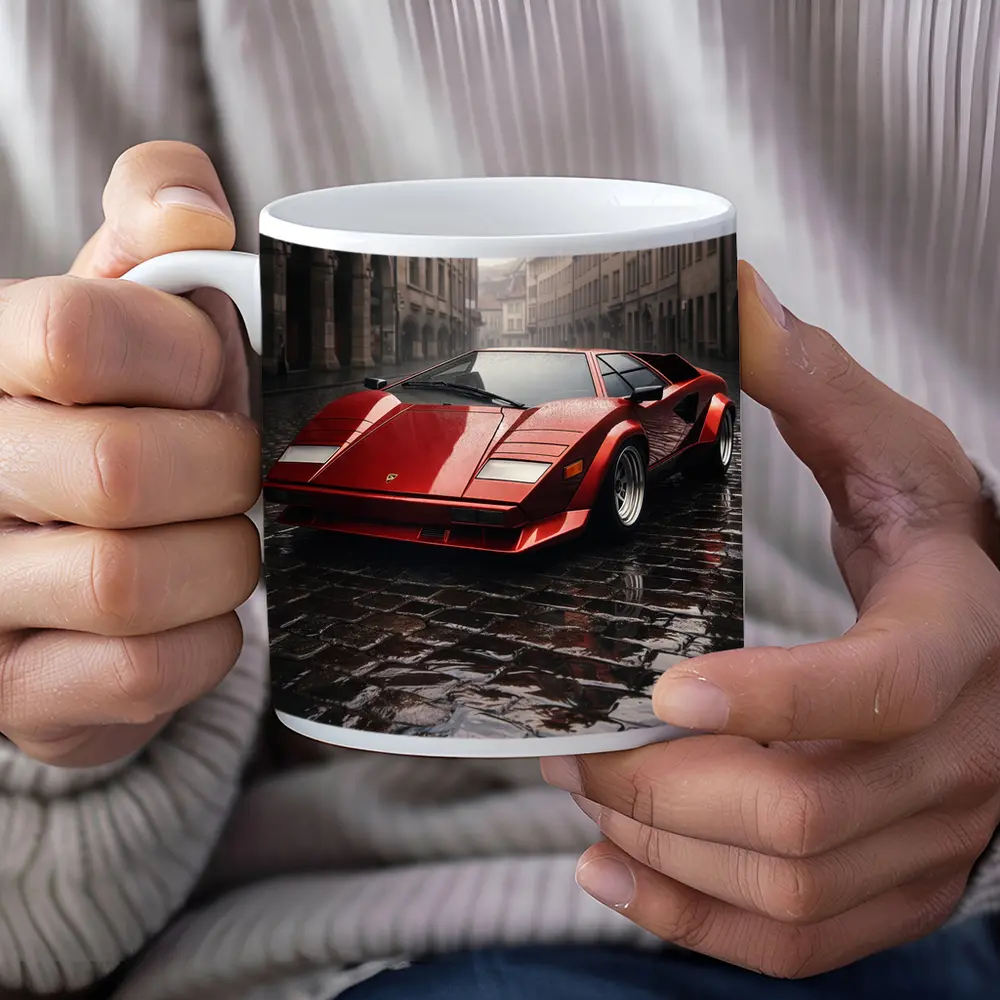 Red Lamborghini Countach On Rainy Cobblestone Street – Mugs