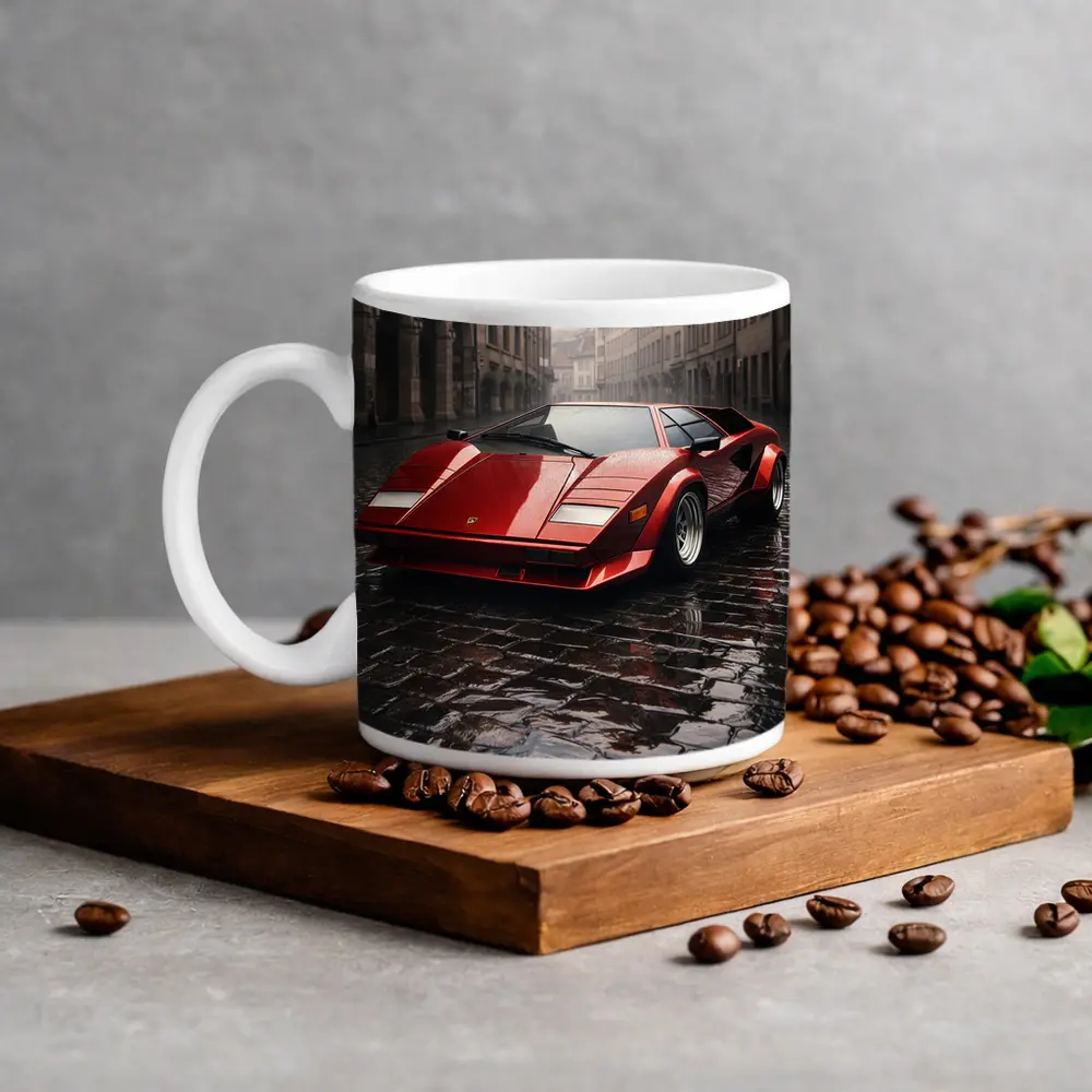 Red Lamborghini Countach On Rainy Cobblestone Street – Mugs
