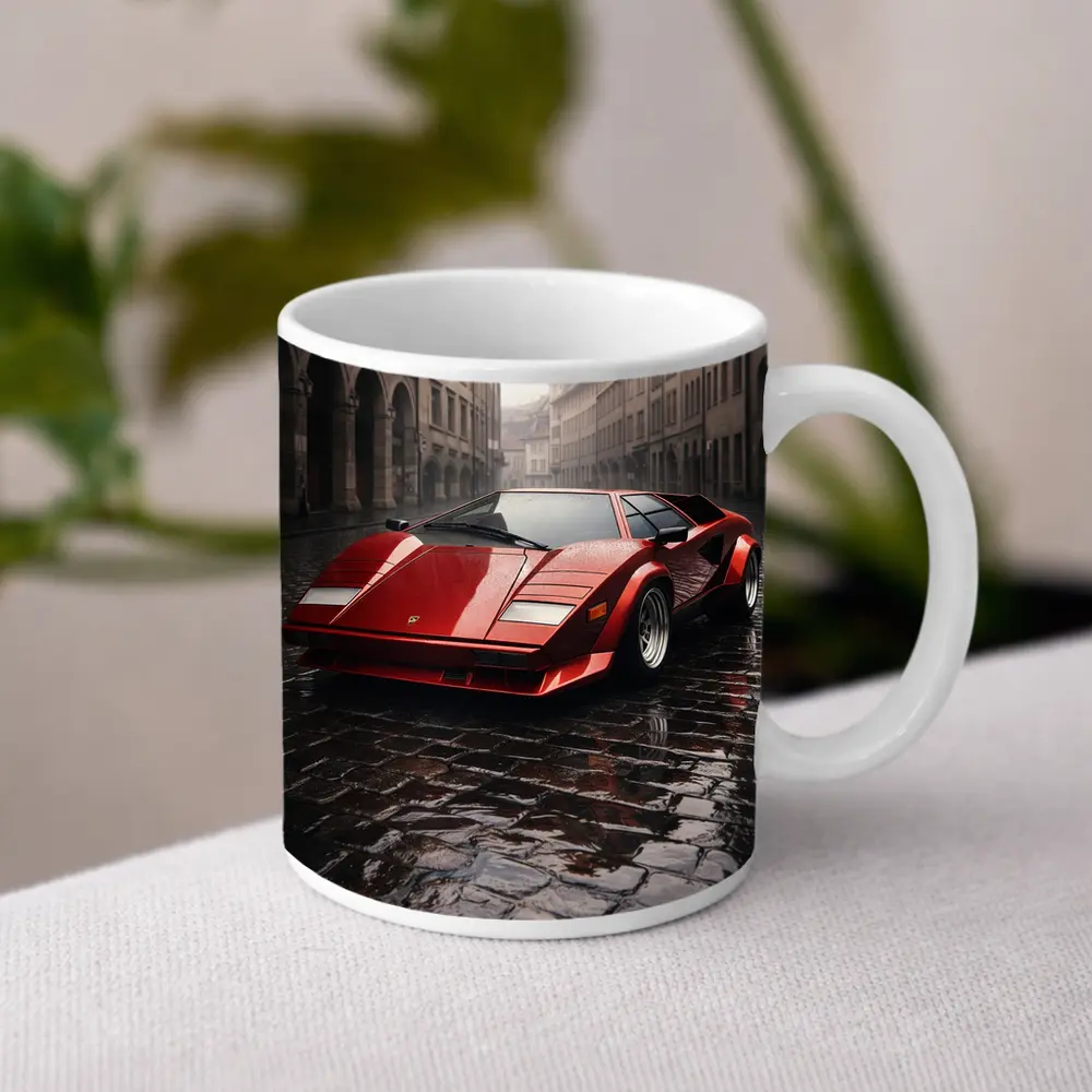 Red Lamborghini Countach On Rainy Cobblestone Street – Mugs
