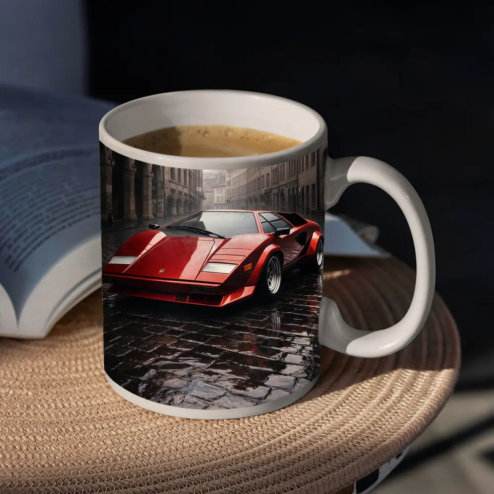 Red Lamborghini Countach On Rainy Cobblestone Street – Mugs
