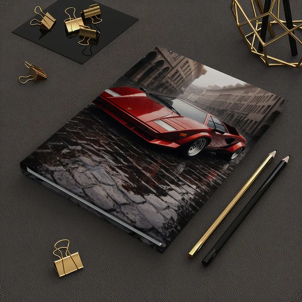 Red Lamborghini Countach On Rainy Cobblestone Street – Notebooks