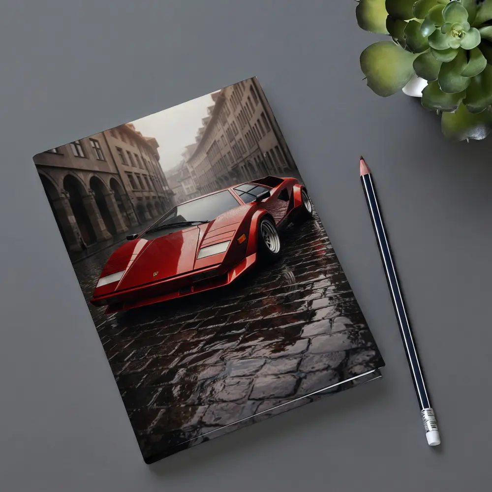 Red Lamborghini Countach On Rainy Cobblestone Street – Notebooks