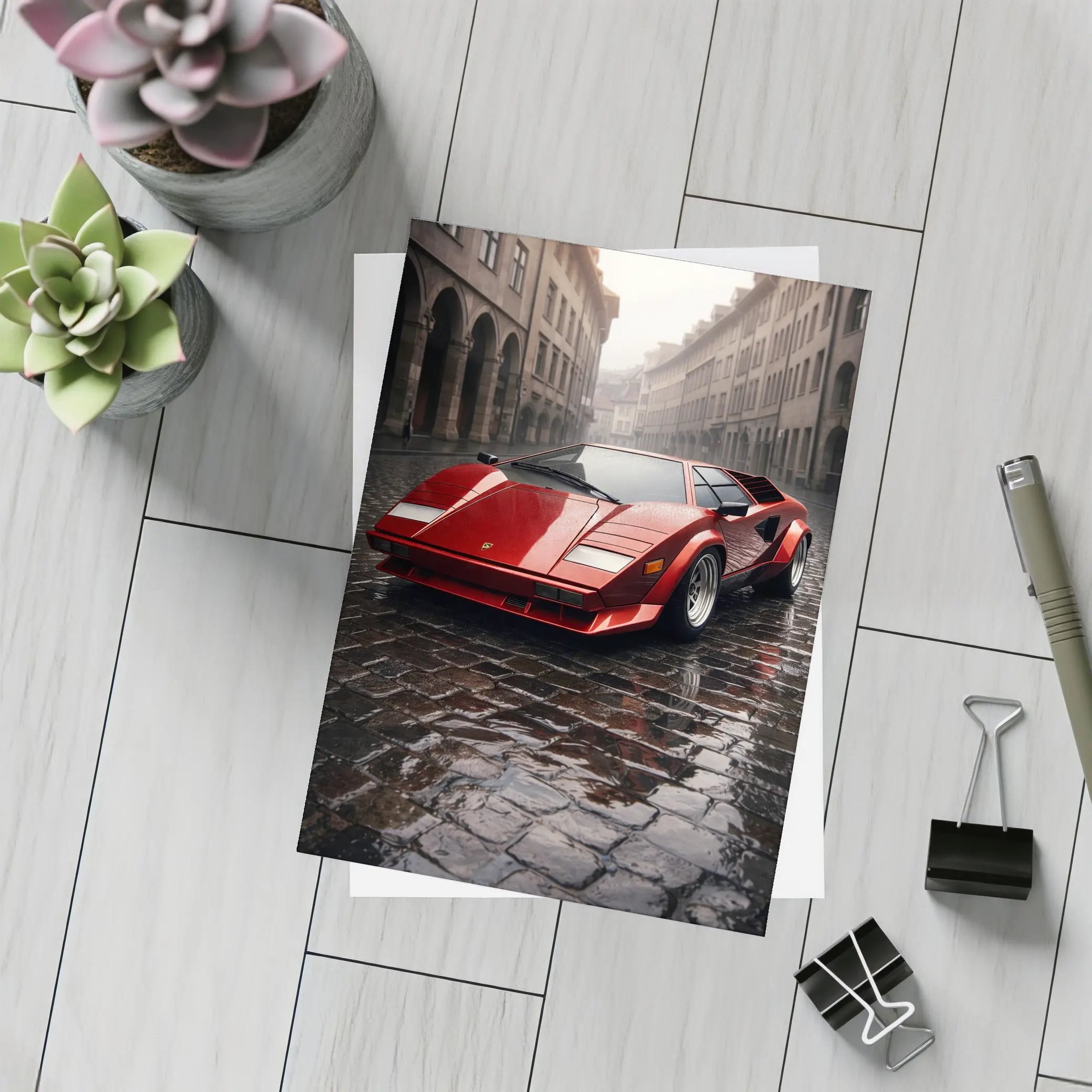 Red Lamborghini Countach On Rainy Cobblestone Street – Postcards