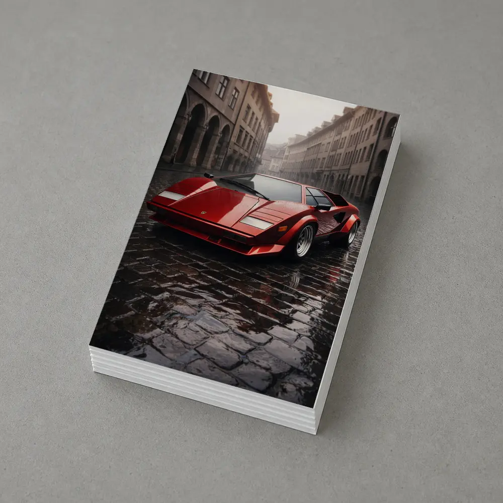Red Lamborghini Countach On Rainy Cobblestone Street – Postcards
