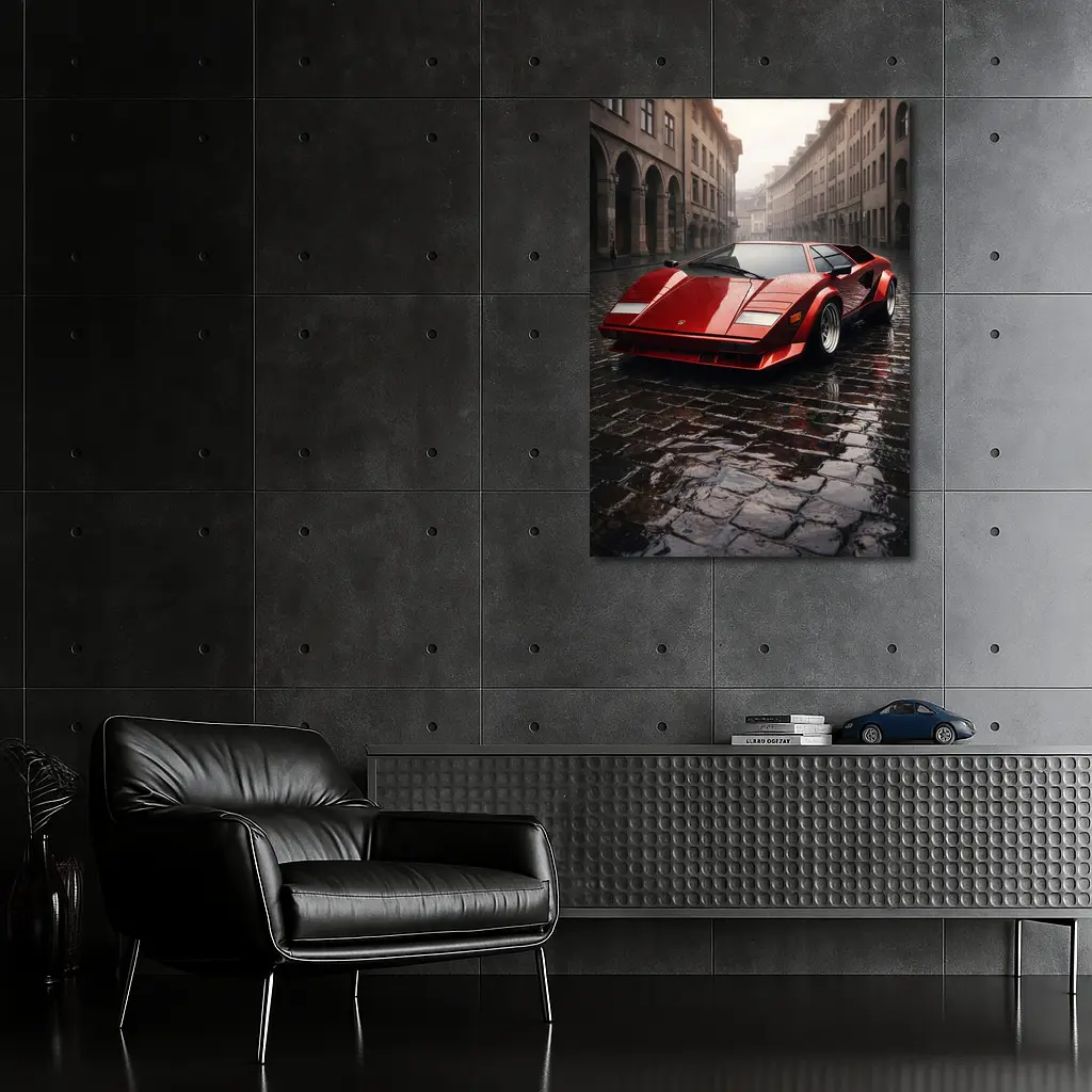 Red Lamborghini Countach On Rainy Cobblestone Street – Wall Art