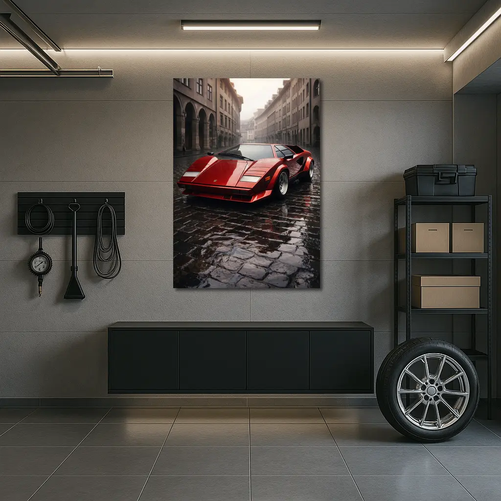 Red Lamborghini Countach On Rainy Cobblestone Street – Wall Art