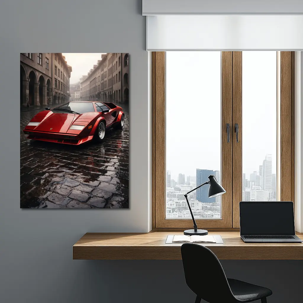 Red Lamborghini Countach On Rainy Cobblestone Street – Wall Art