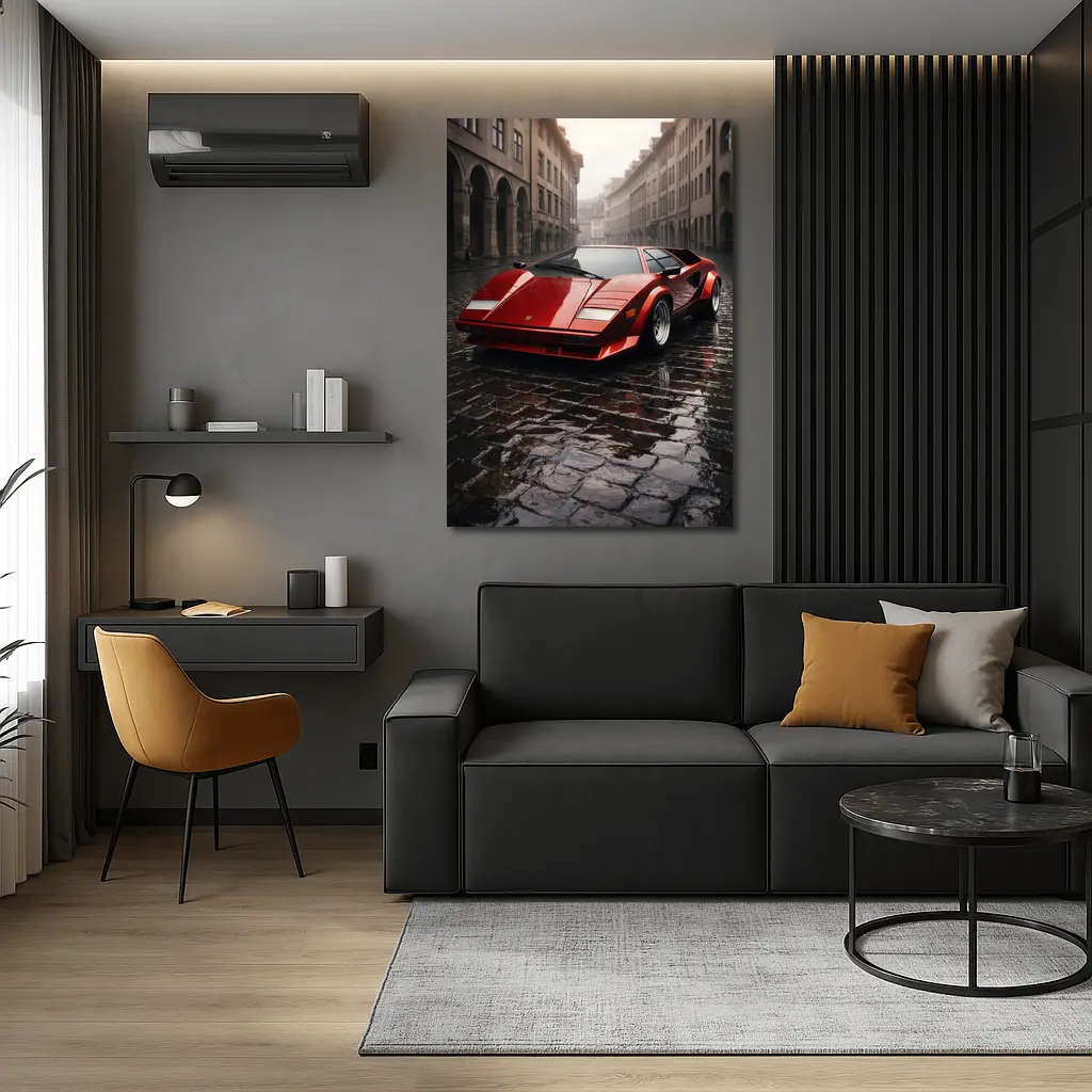 Red Lamborghini Countach On Rainy Cobblestone Street – Wall Art