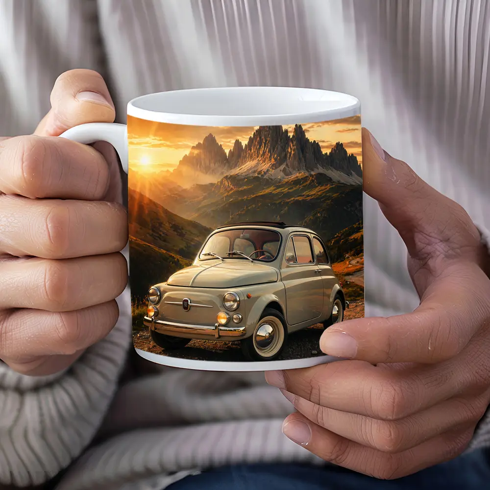 Fiat 500 Classic Car Mountain Sunset – Mugs