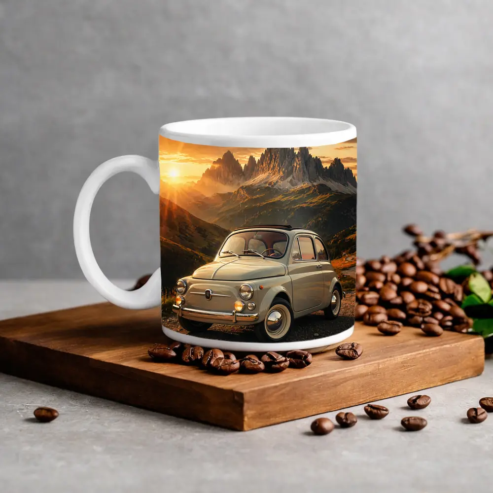Fiat 500 Classic Car Mountain Sunset – Mugs