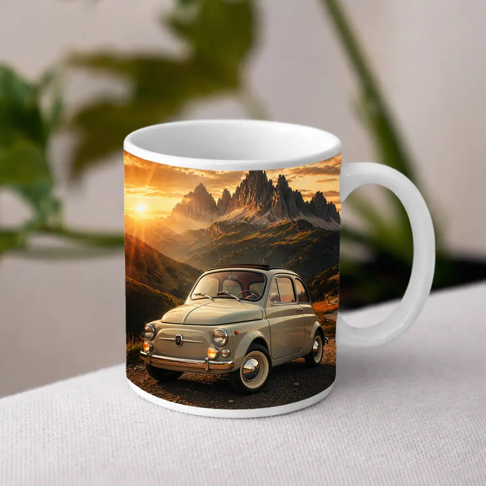 Fiat 500 Classic Car Mountain Sunset – Mugs