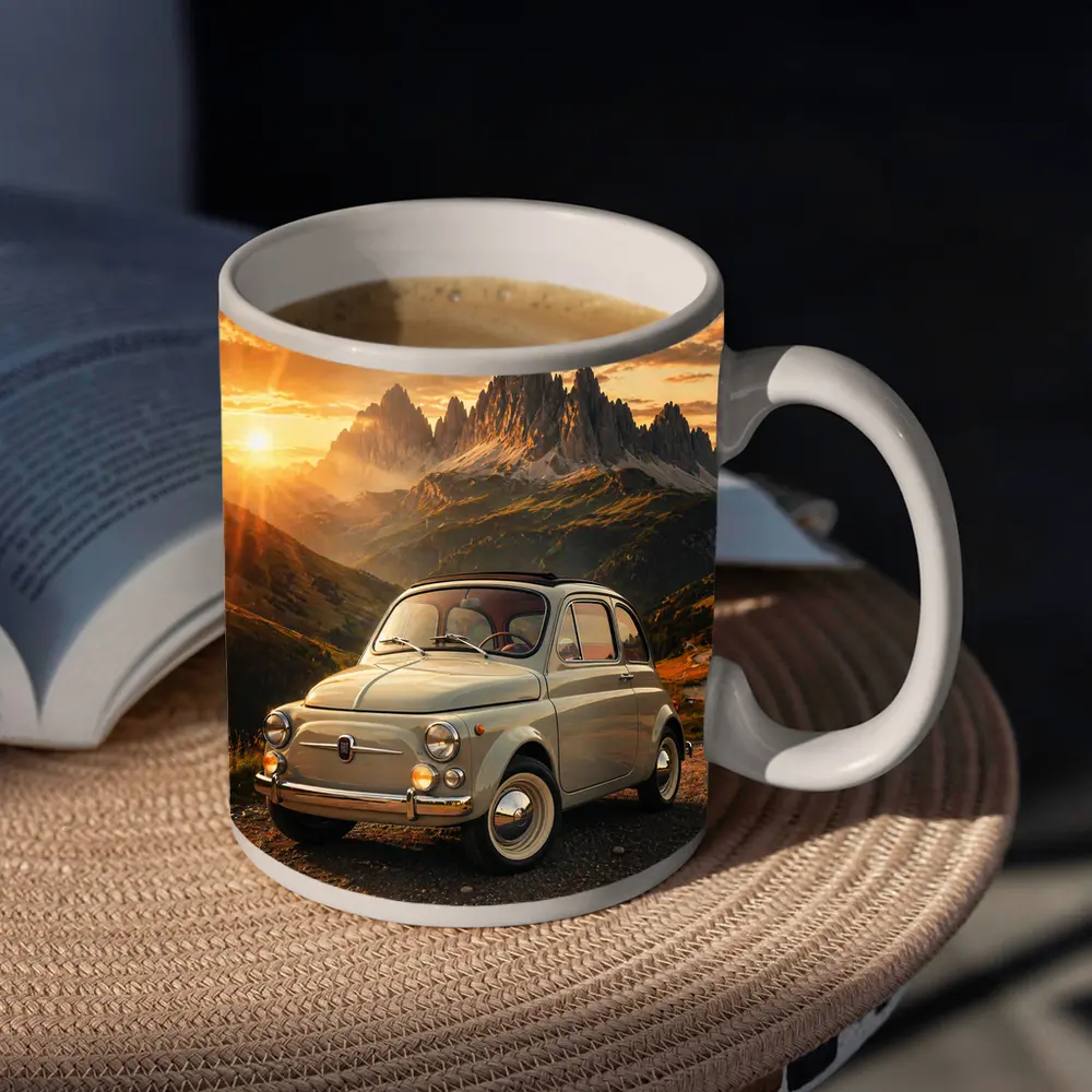 Fiat 500 Classic Car Mountain Sunset – Mugs