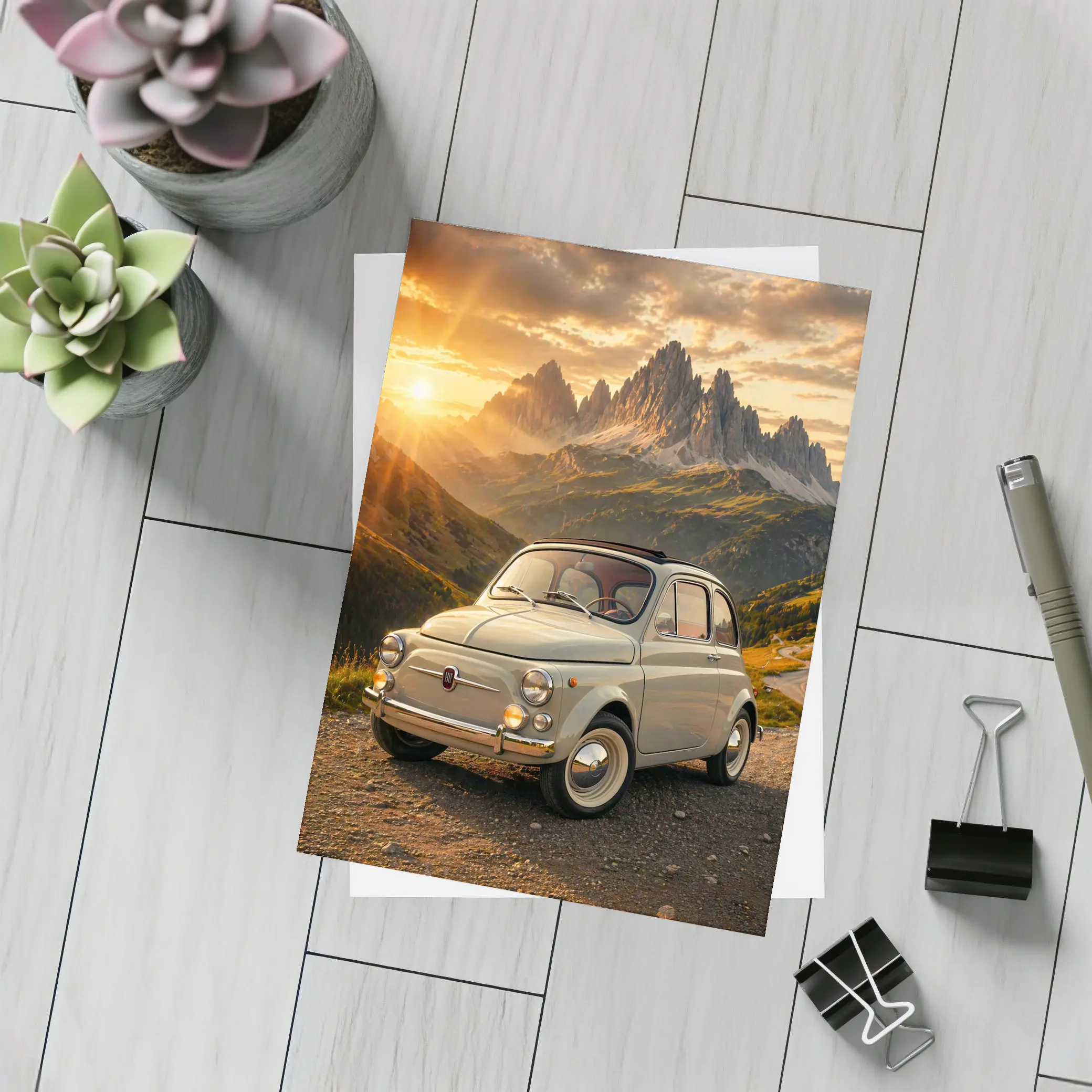 Fiat 500 Classic Car Mountain Sunset – Postcards