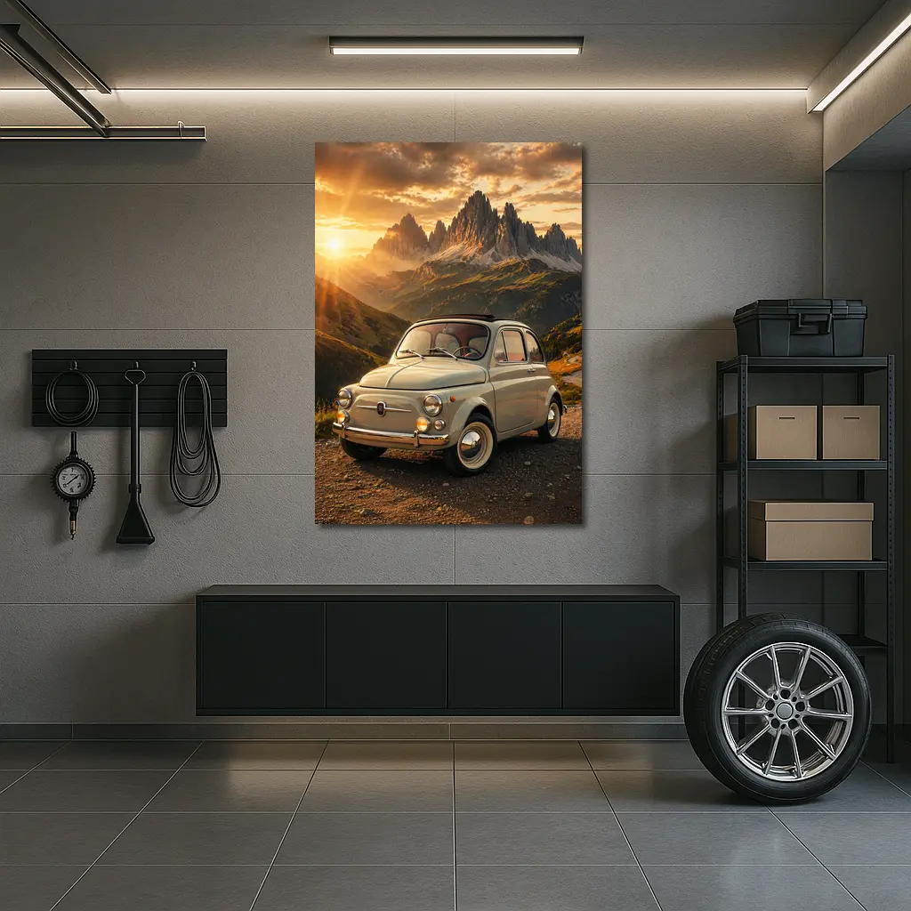 Fiat 500 Classic Car Mountain Sunset – Wall Art