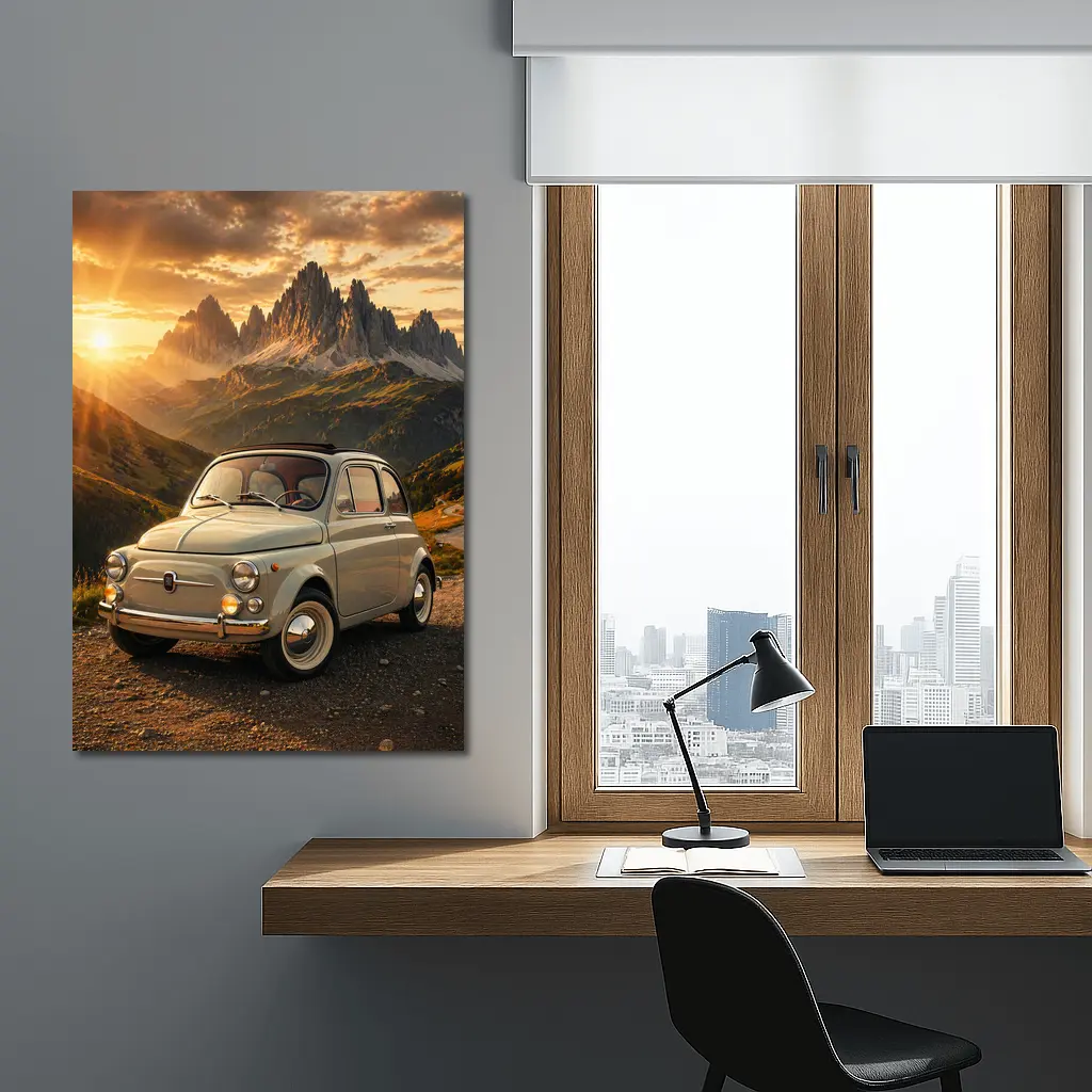 Fiat 500 Classic Car Mountain Sunset – Wall Art