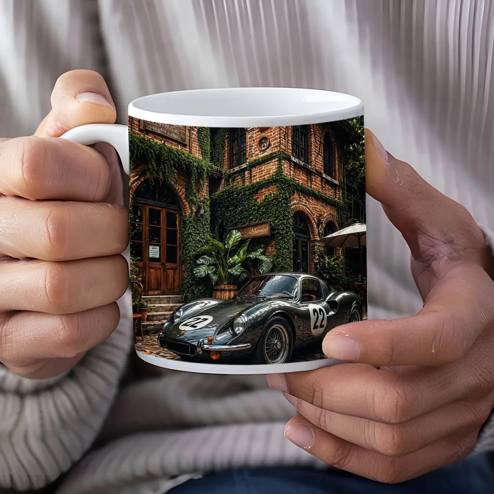 Ferrari Classic Racing Car Ivy Brick Building – Mugs