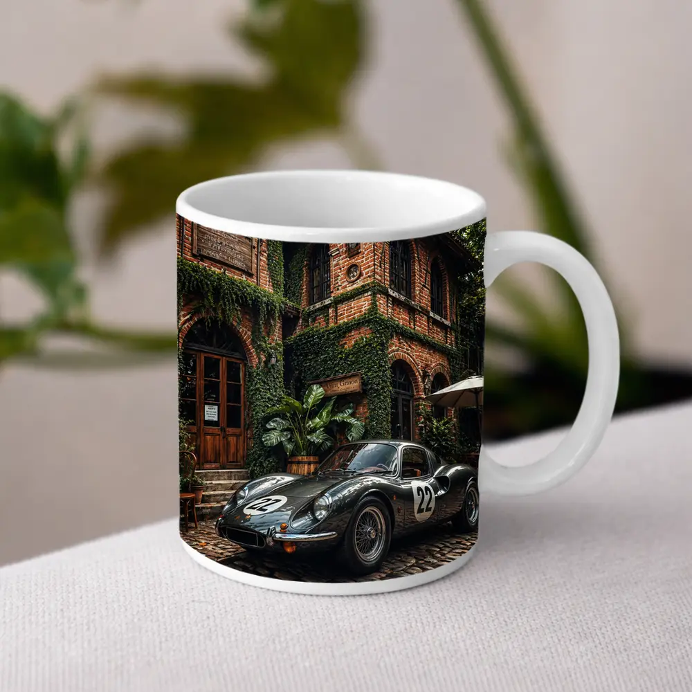 Ferrari Classic Racing Car Ivy Brick Building – Mugs