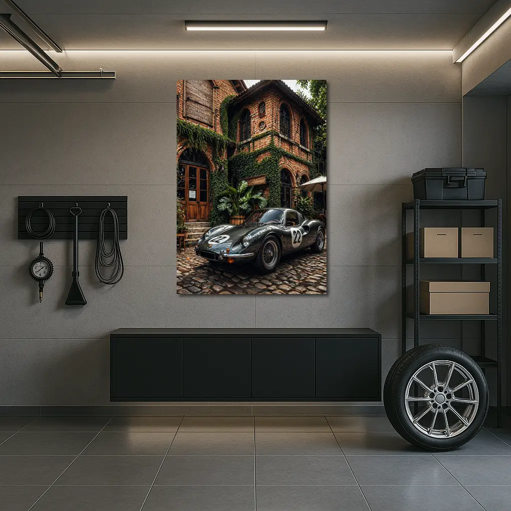 Ferrari Classic Racing Car Ivy Brick Building – Wall Art