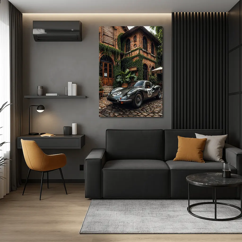 Ferrari Classic Racing Car Ivy Brick Building – Wall Art