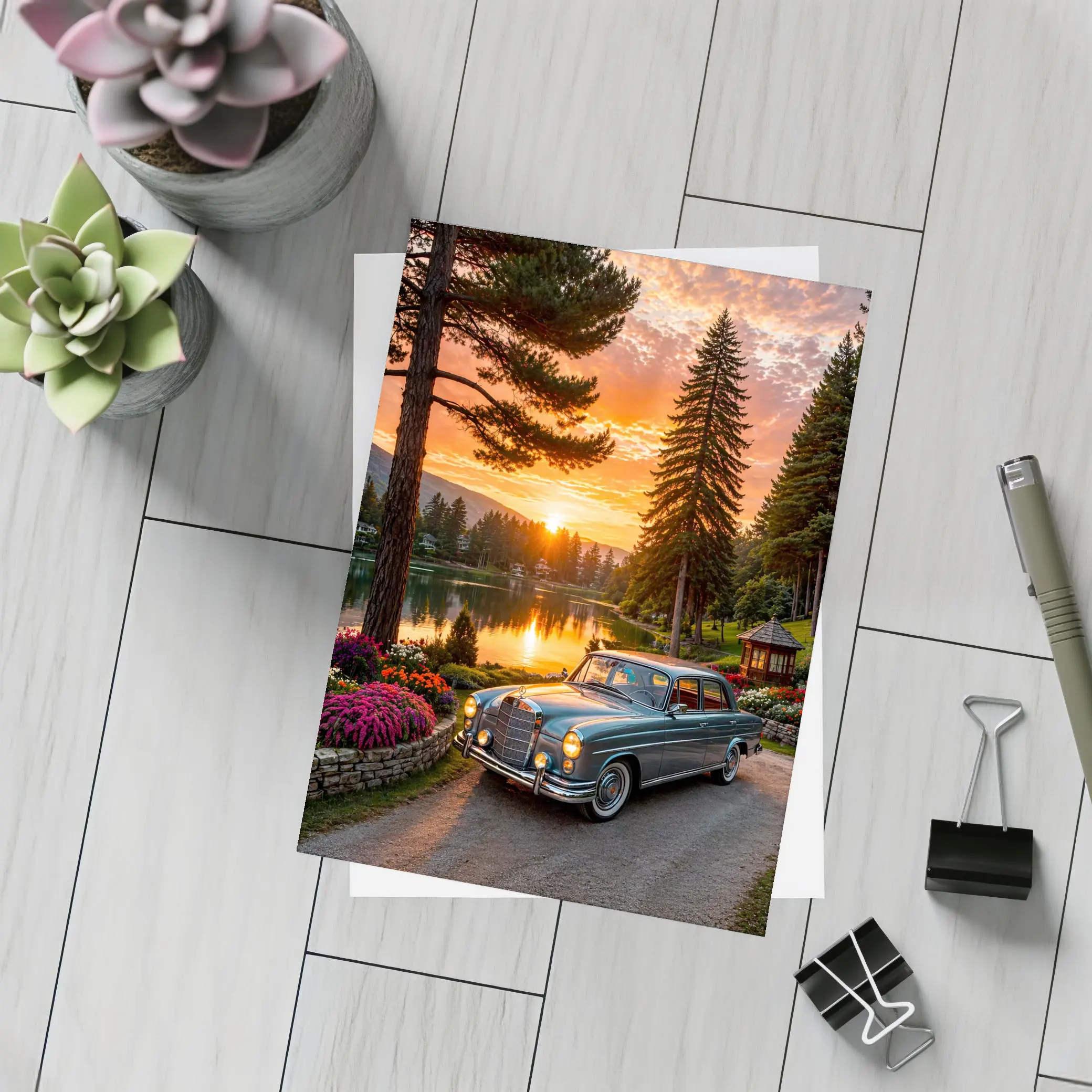 Classic Mercedes Benz Sedan Lake Sunset – Postcards