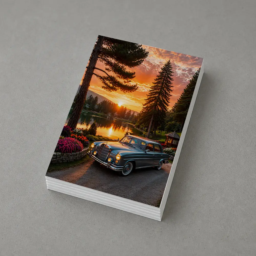Classic Mercedes Benz Sedan Lake Sunset – Postcards