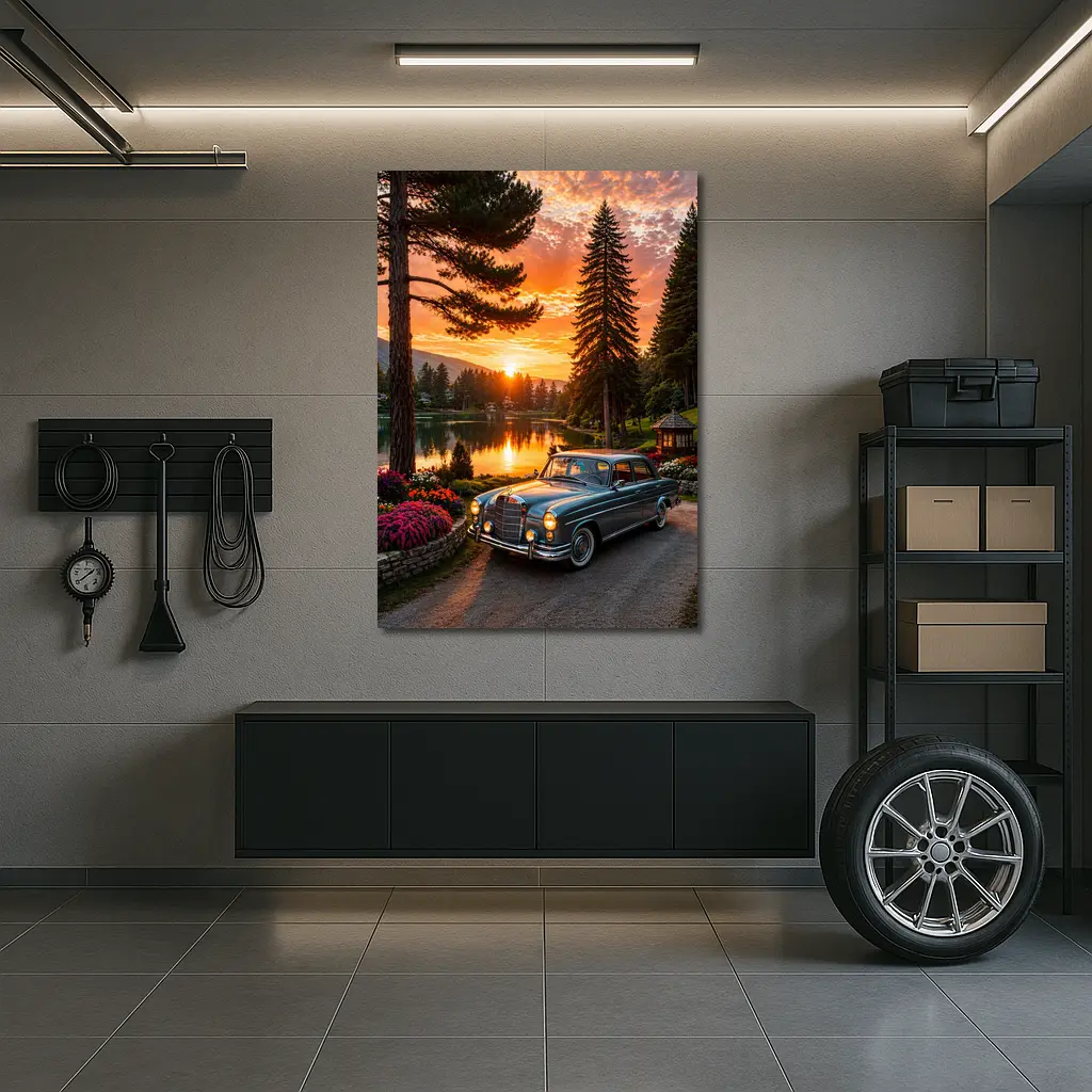 Classic Mercedes Benz Sedan Lake Sunset – Wall Art