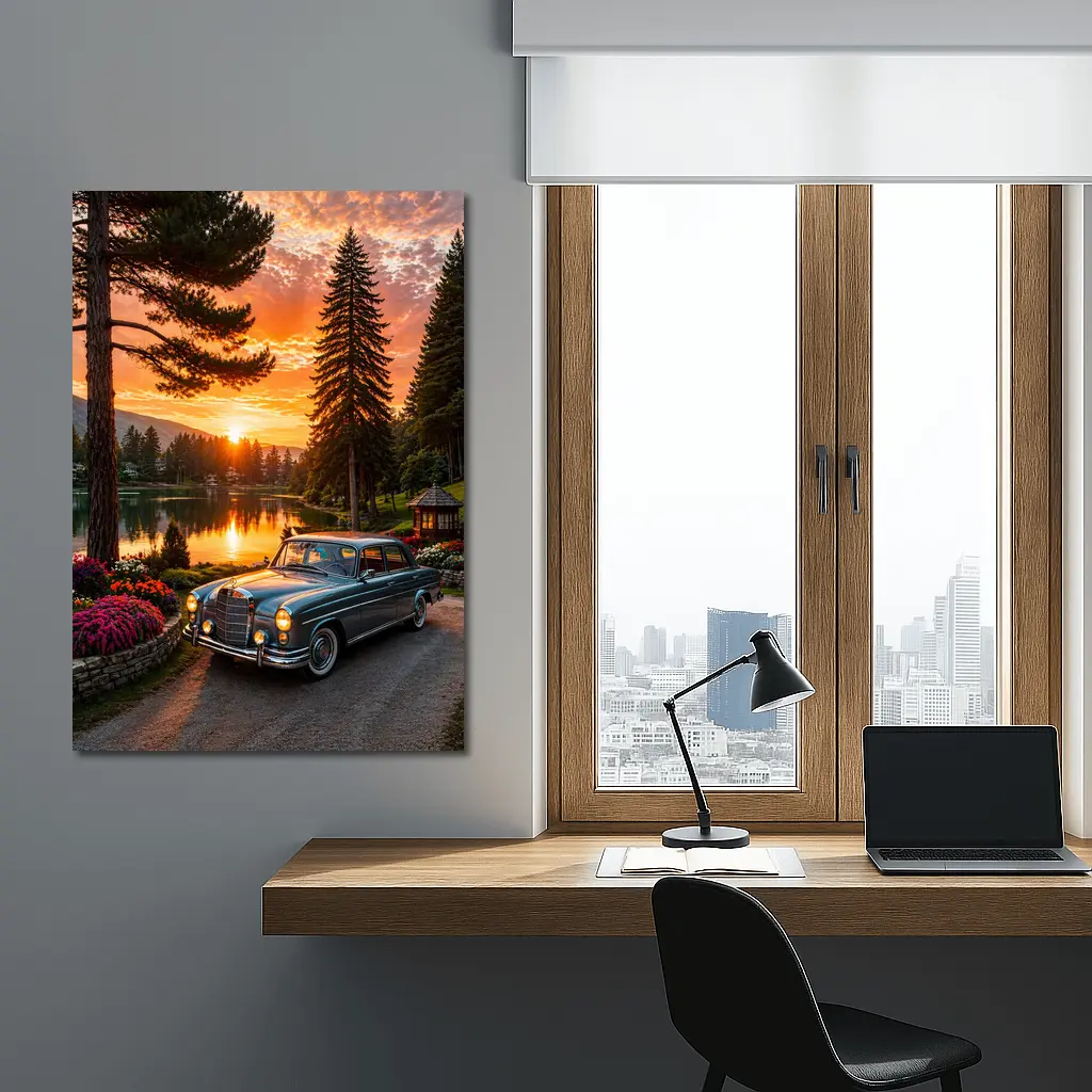 Classic Mercedes Benz Sedan Lake Sunset – Wall Art