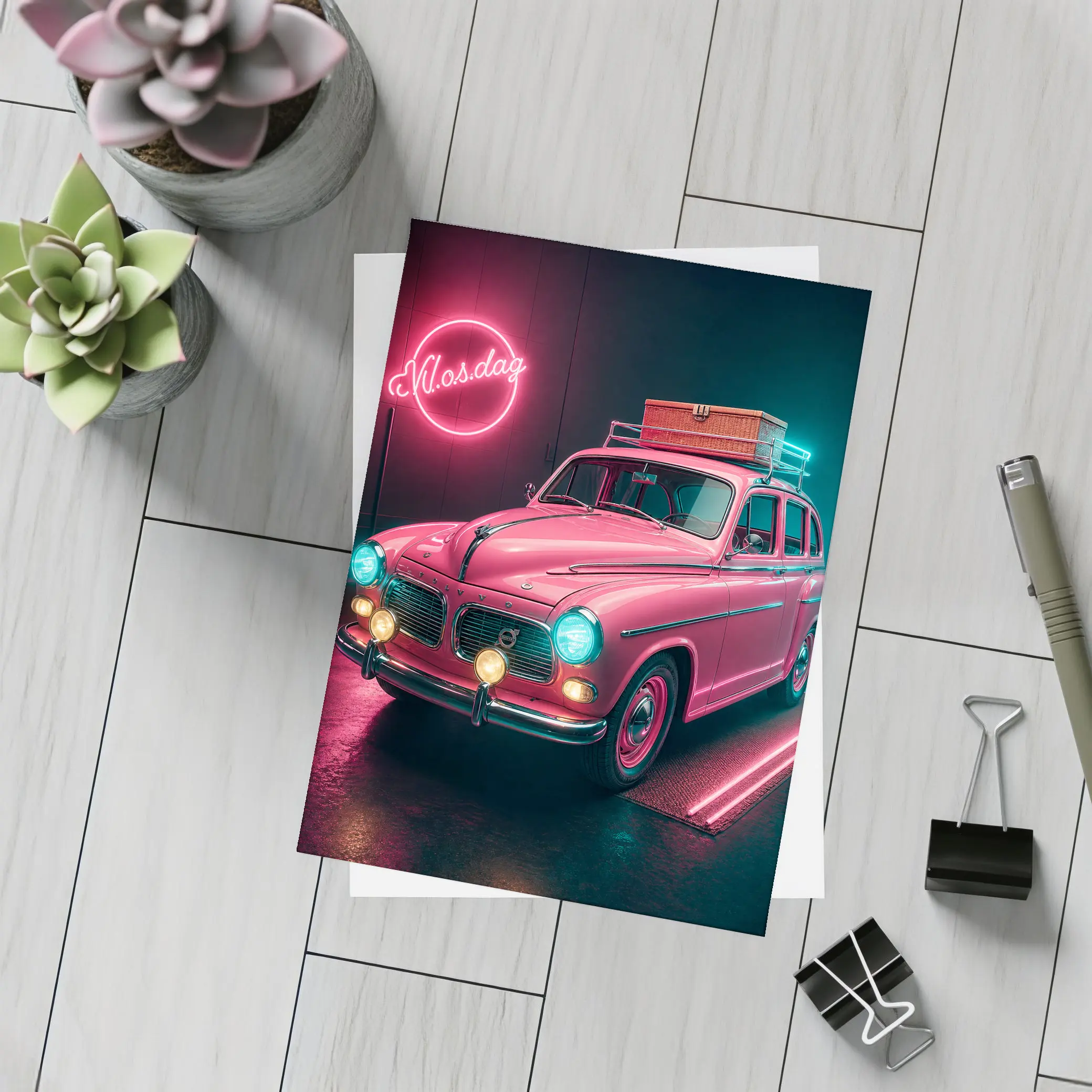 Retro Volvo Classic Car Neon Garage – Postcards
