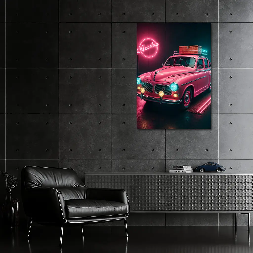 Retro Volvo Classic Car Neon Garage – Wall Art