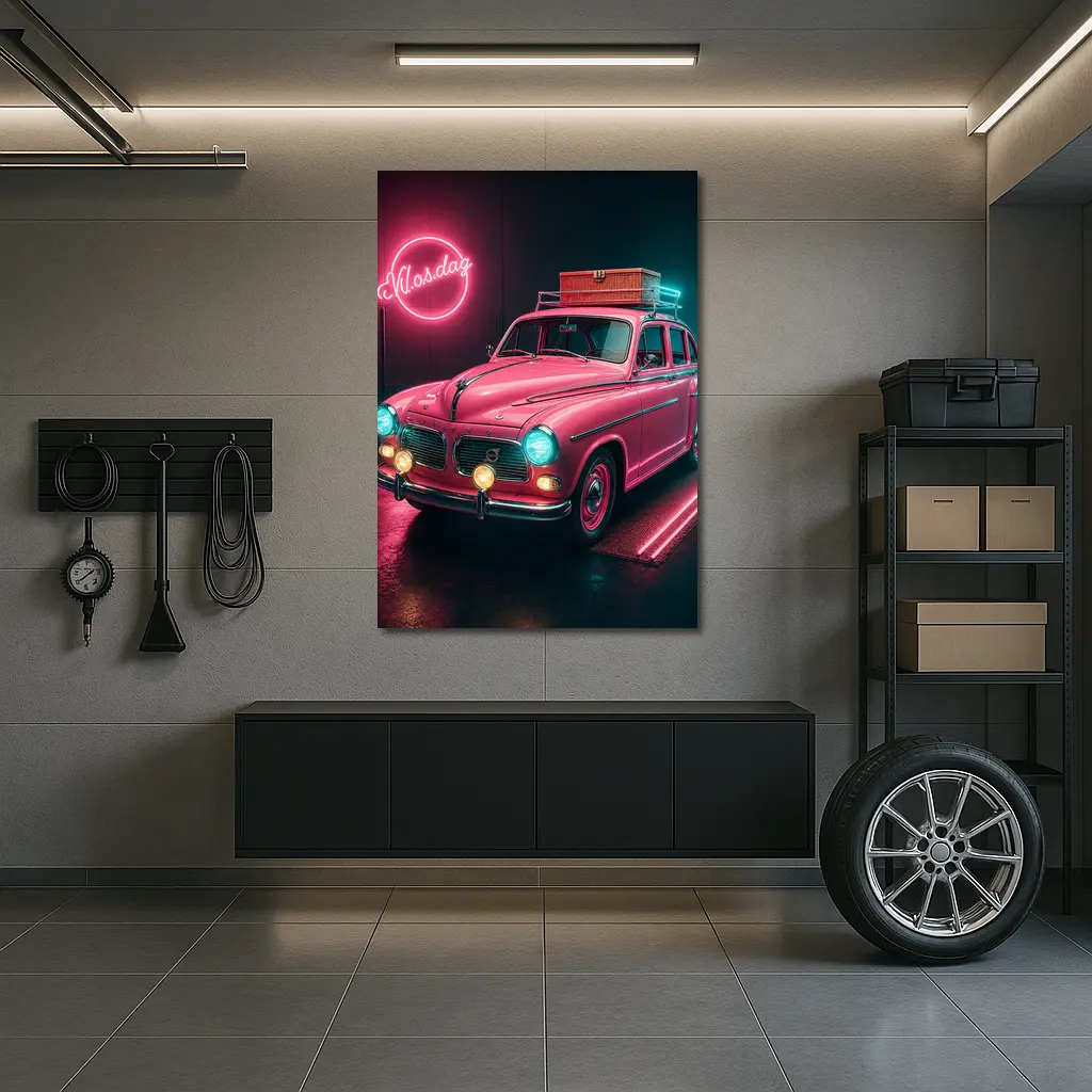 Retro Volvo Classic Car Neon Garage – Wall Art
