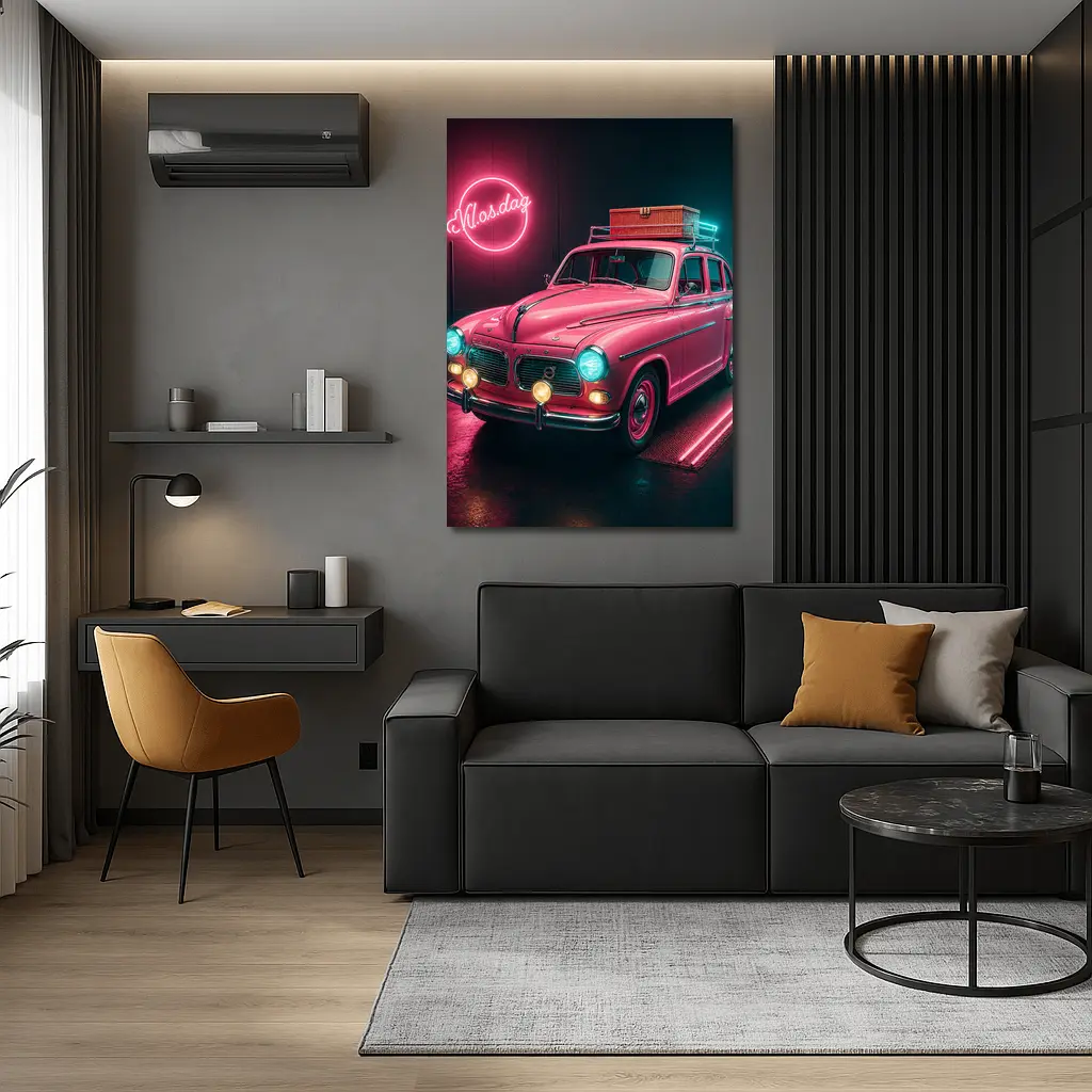Retro Volvo Classic Car Neon Garage – Wall Art