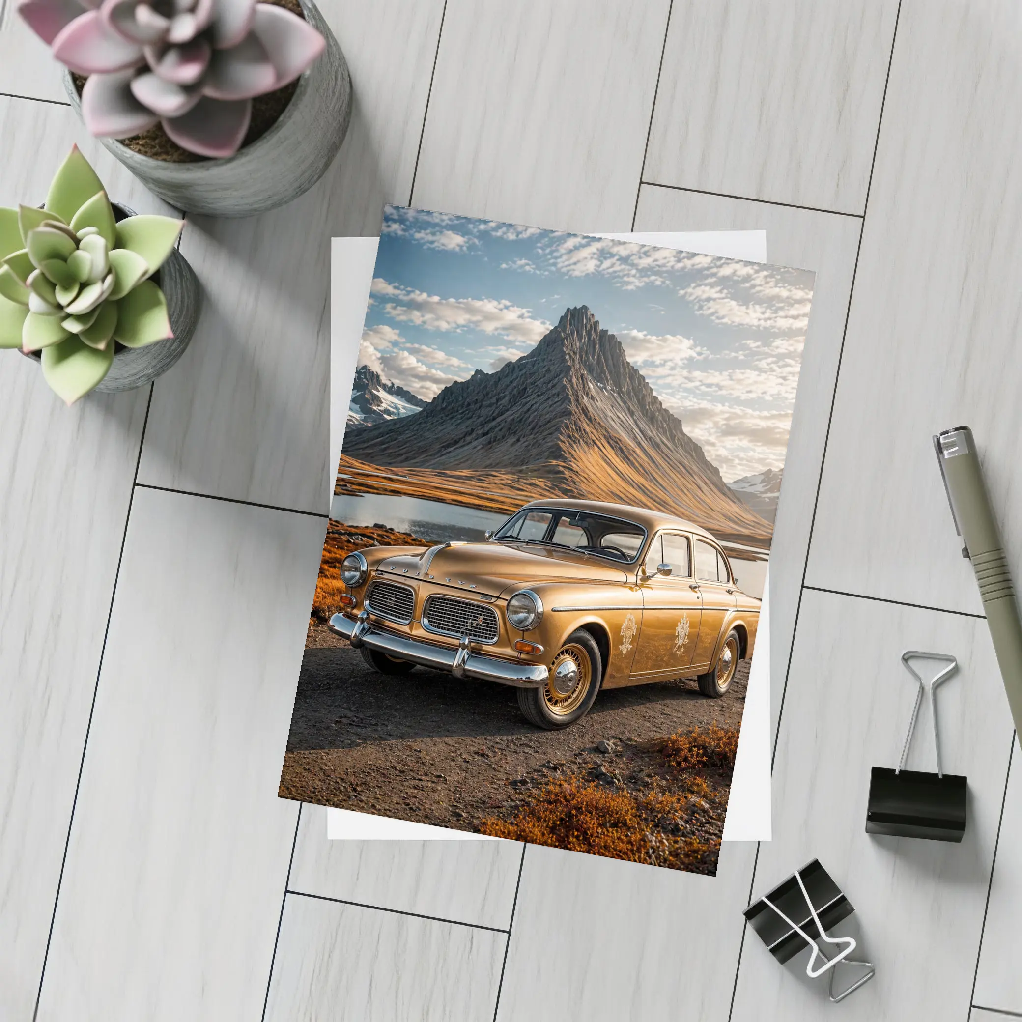 Gold Volvo Amazon Classic Mountain Landscape – Postcards