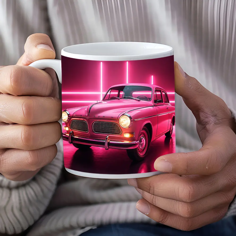 Retro Volvo Classic Car Neon Pink Background – Mugs