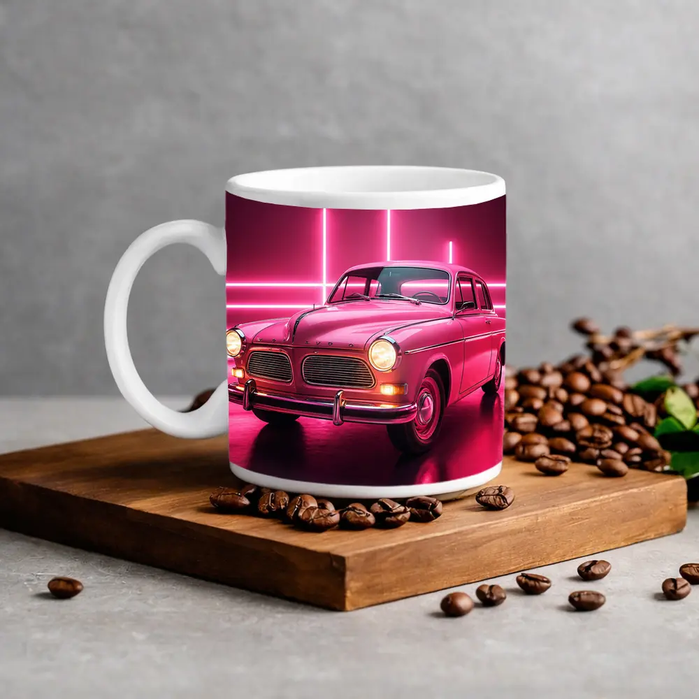 Retro Volvo Classic Car Neon Pink Background – Mugs