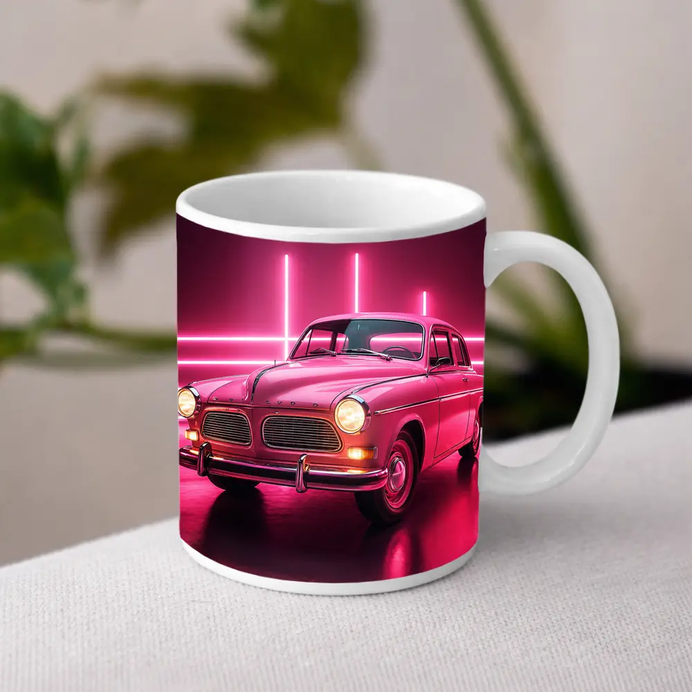 Retro Volvo Classic Car Neon Pink Background – Mugs