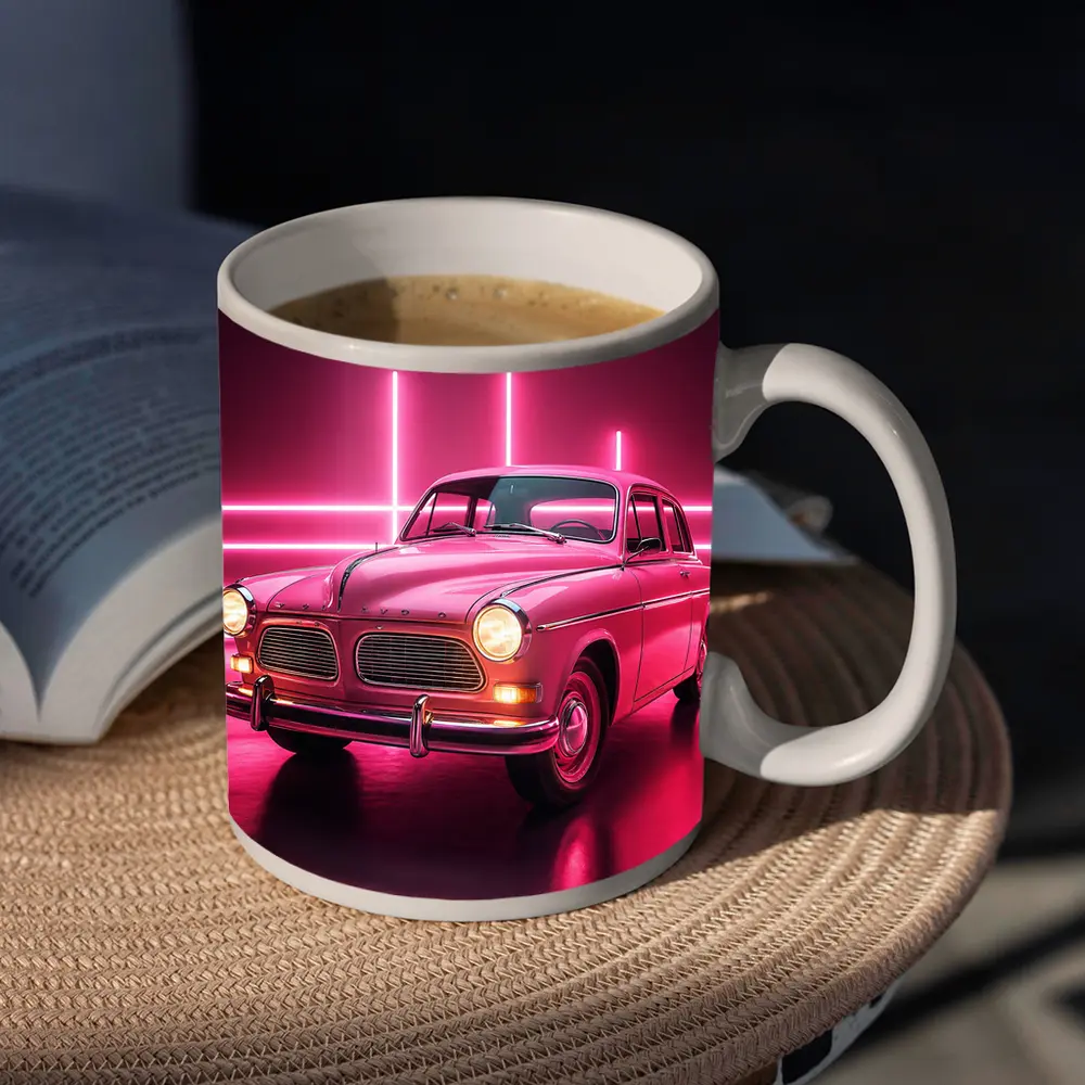 Retro Volvo Classic Car Neon Pink Background – Mugs