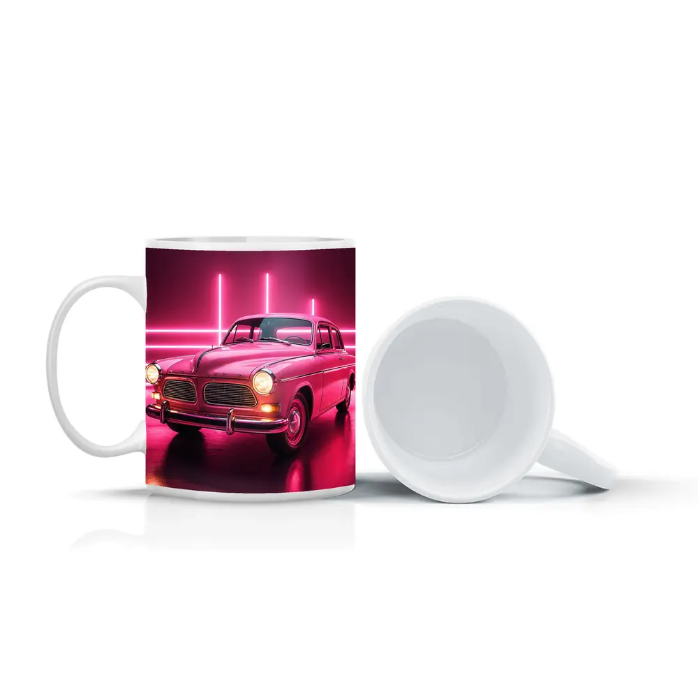 Retro Volvo Classic Car Neon Pink Background – Mugs