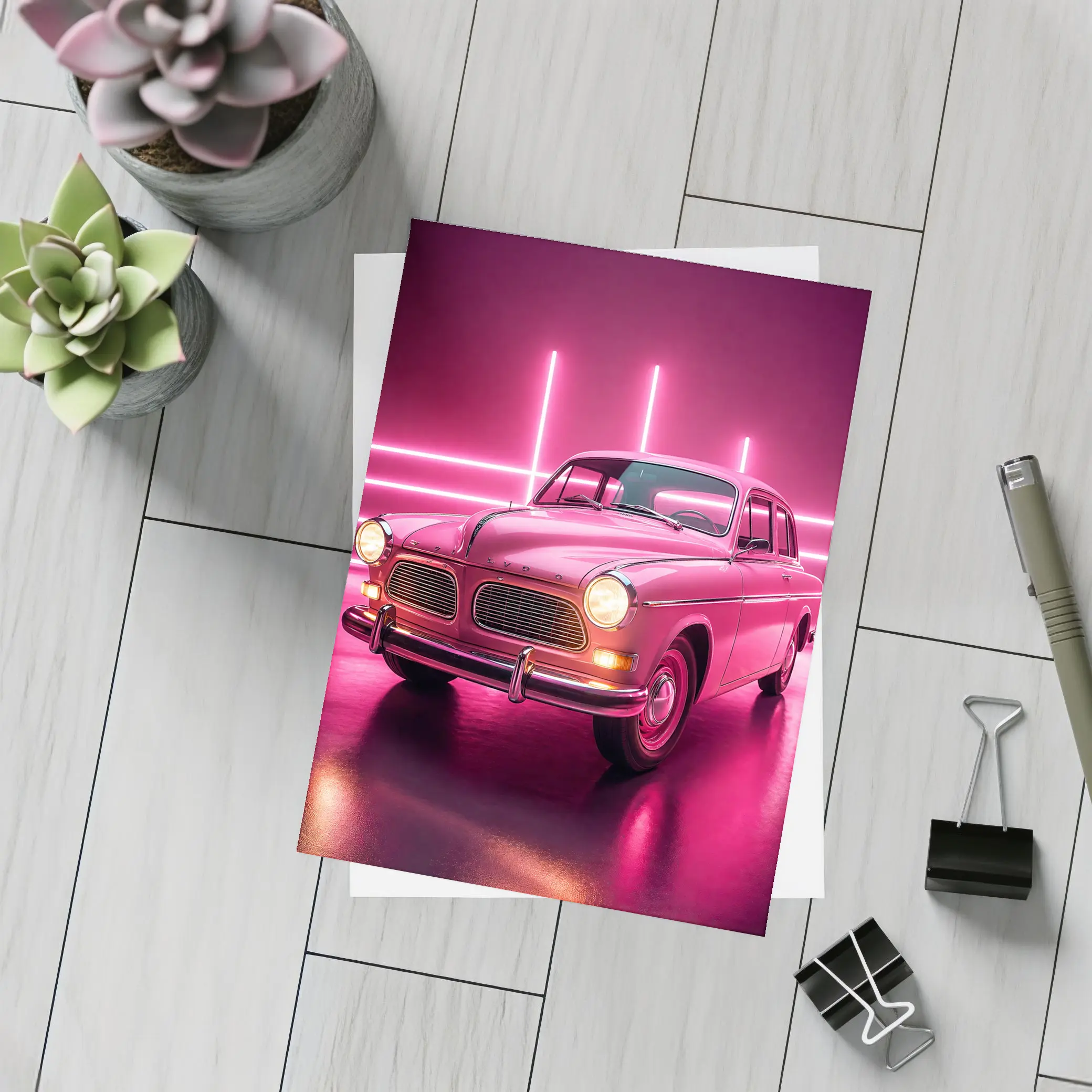 Retro Volvo Classic Car Neon Pink Background – Postcards
