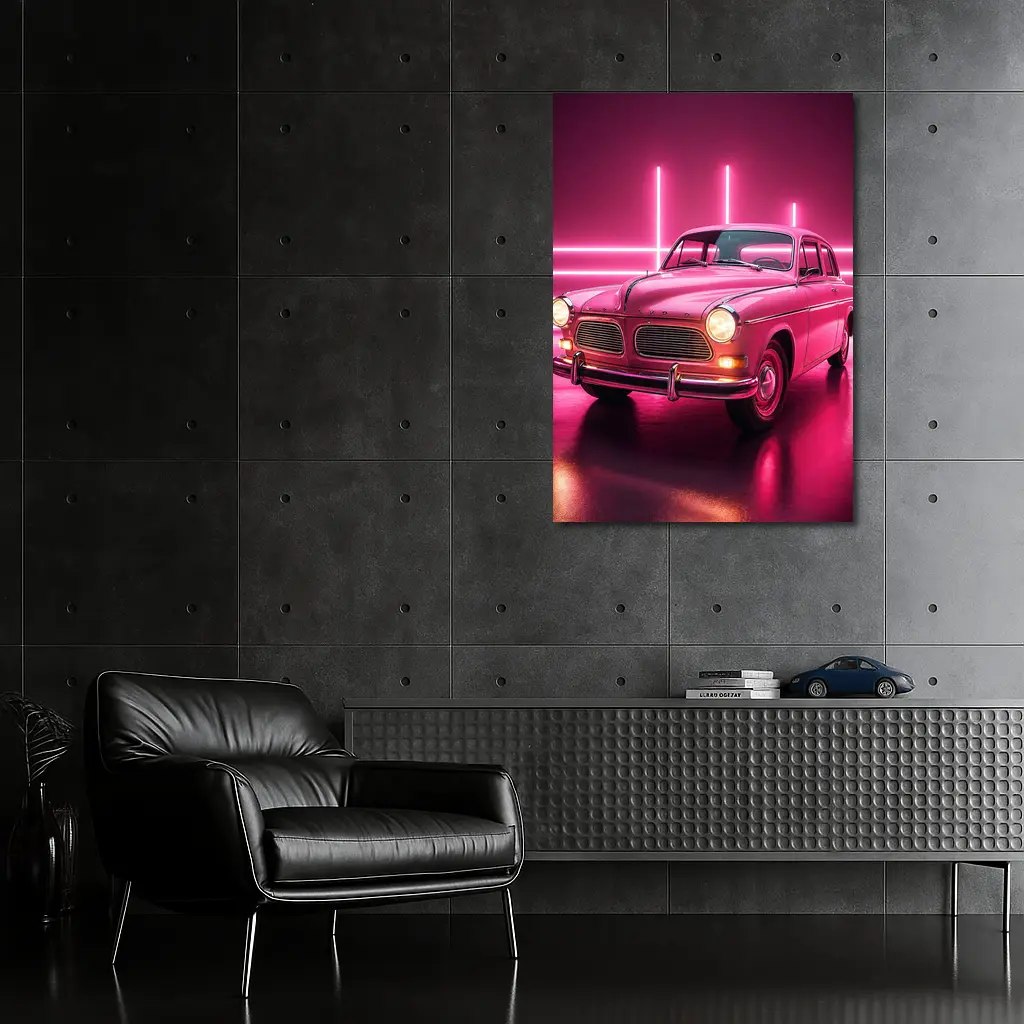 Retro Volvo Classic Car Neon Pink Background – Wall Art