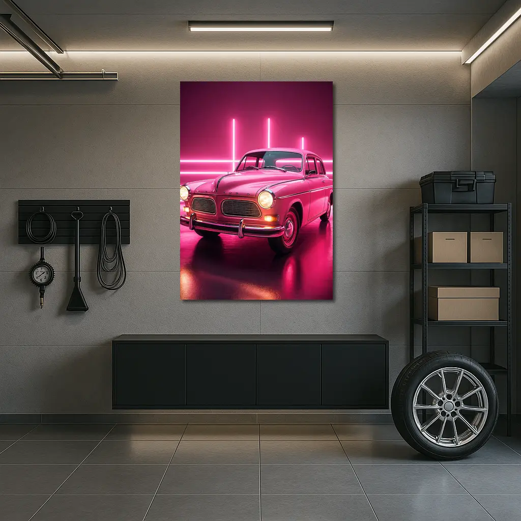 Retro Volvo Classic Car Neon Pink Background – Wall Art