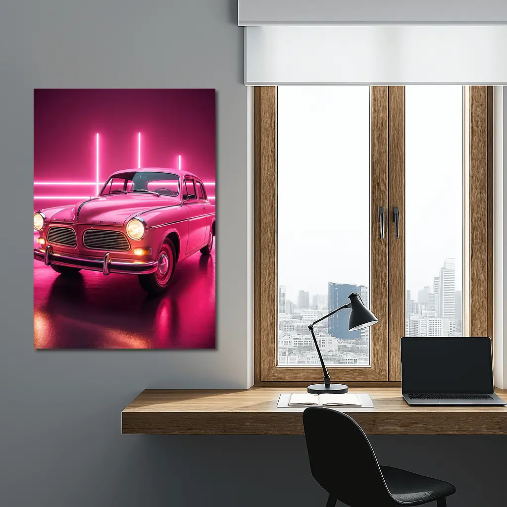 Retro Volvo Classic Car Neon Pink Background – Wall Art